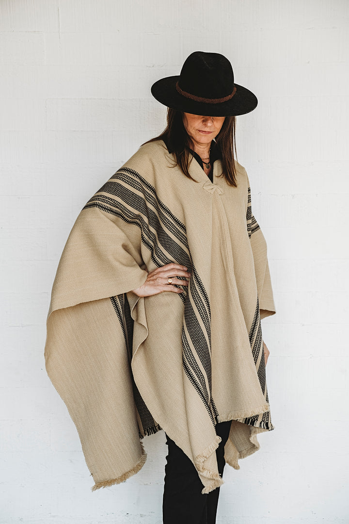 Beige Poncho with Two Stripes