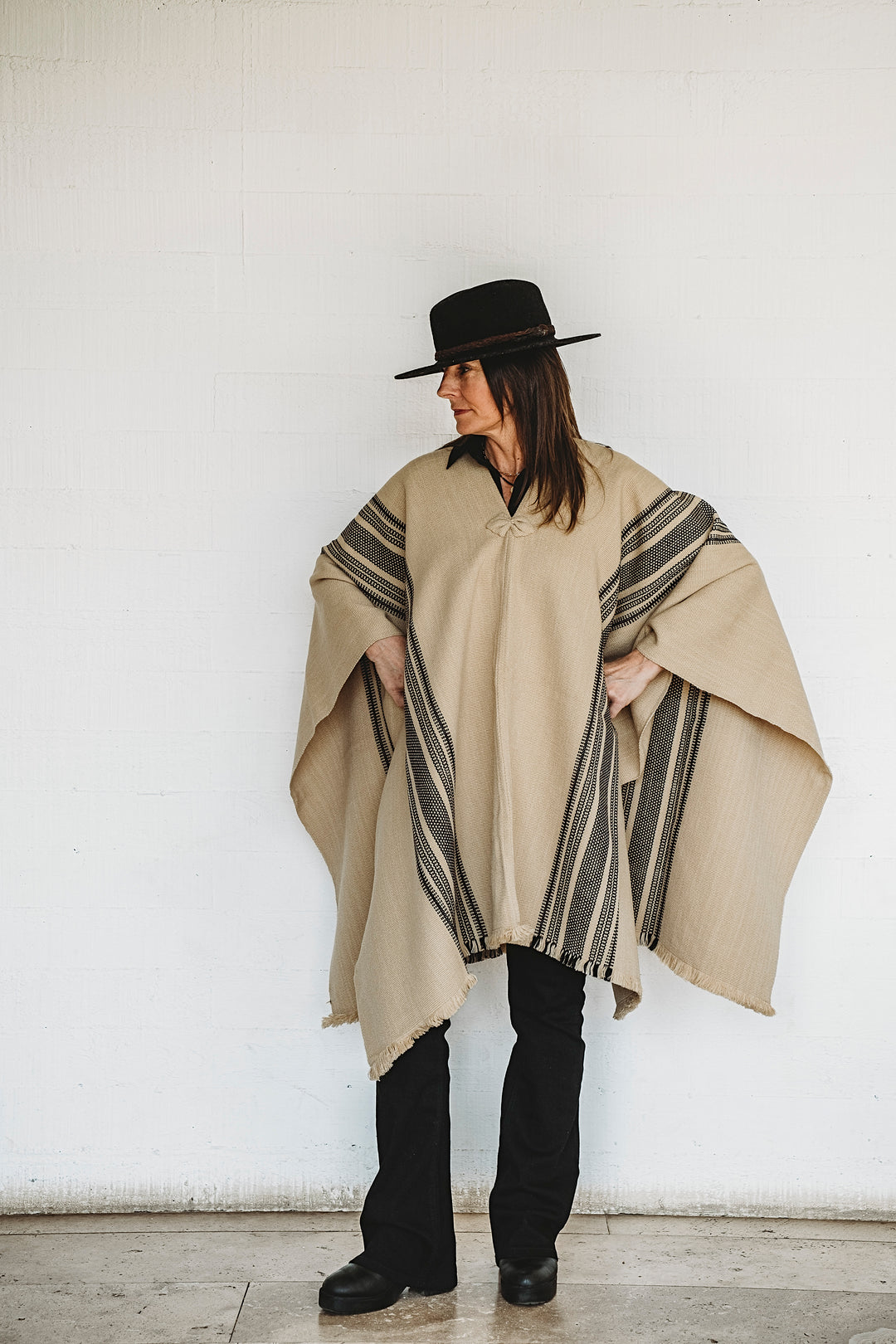 Beige Poncho with Two Stripes
