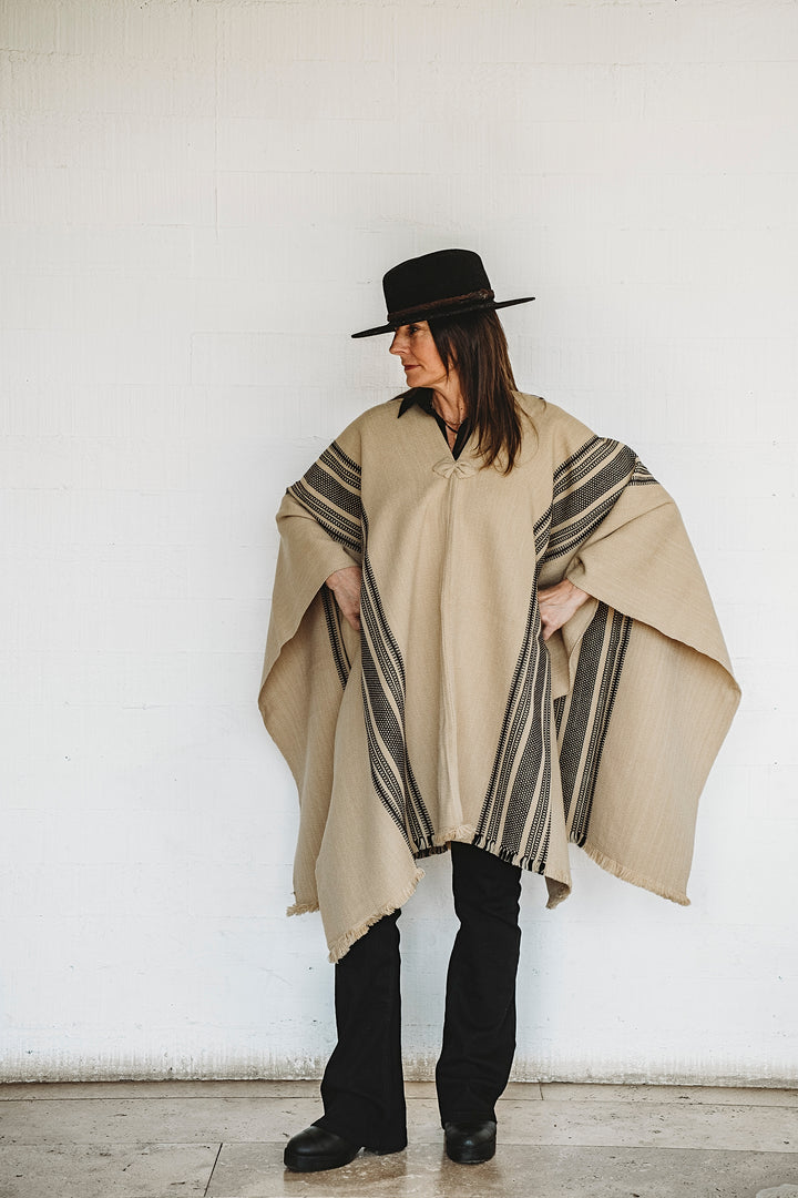 Beige Poncho with Two Stripes