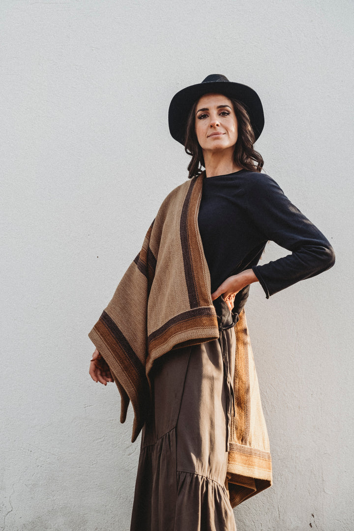 Three-stripe woven border poncho