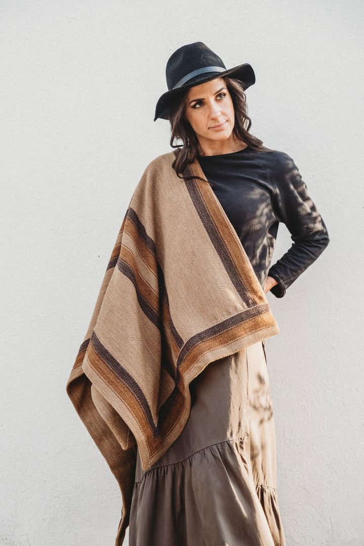 Three-stripe woven border poncho
