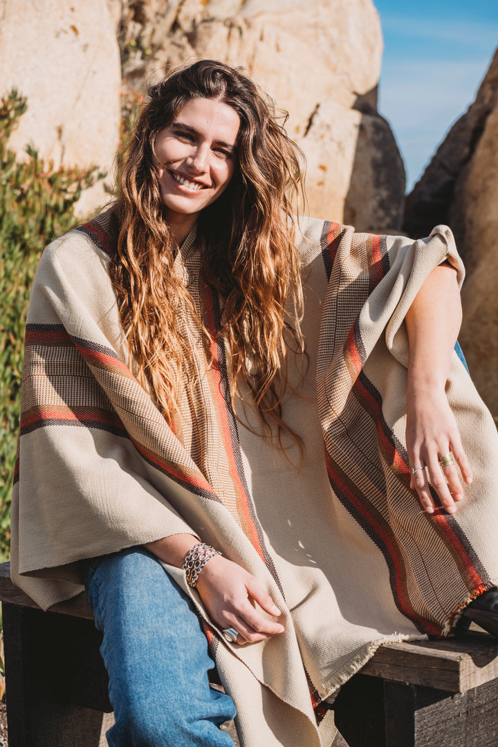 Beige Three Stripe Poncho