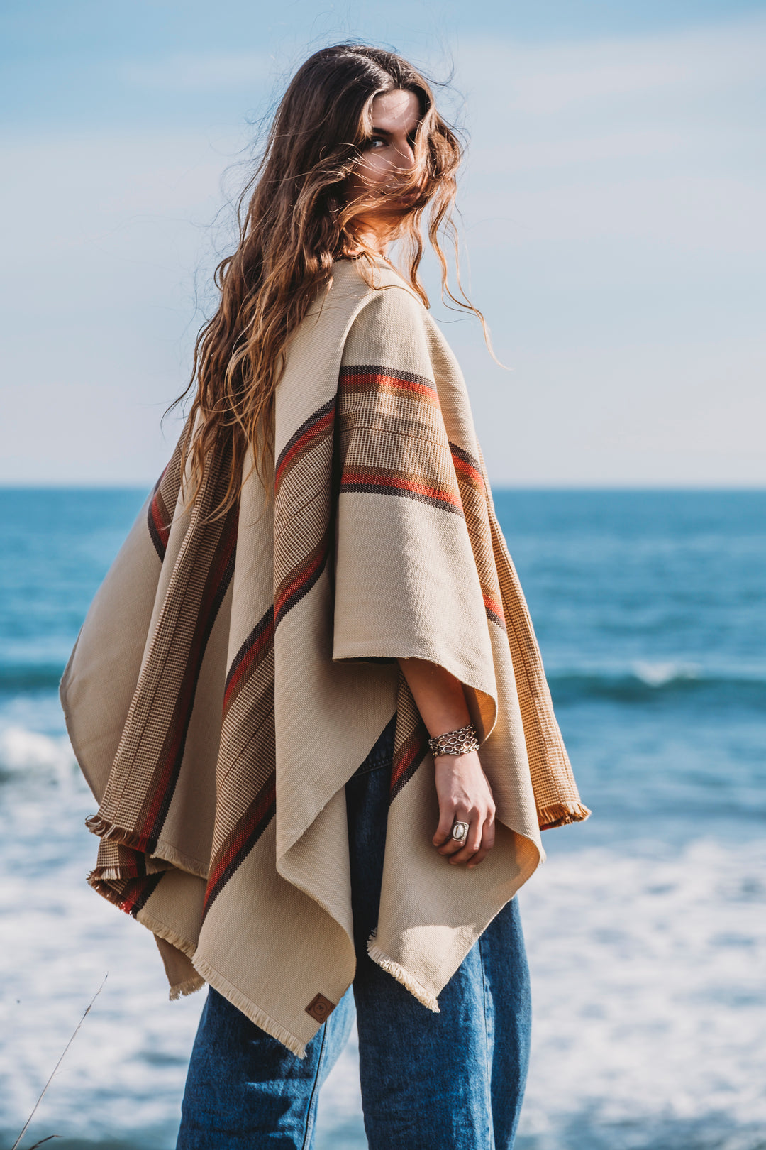 Beige Three Stripe Poncho