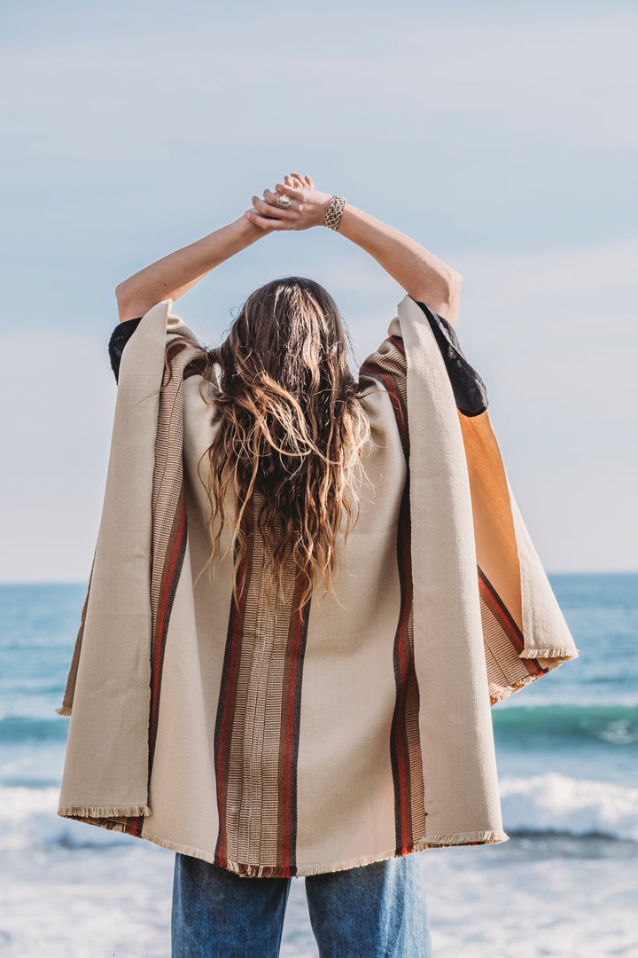 Beige Three Stripe Poncho