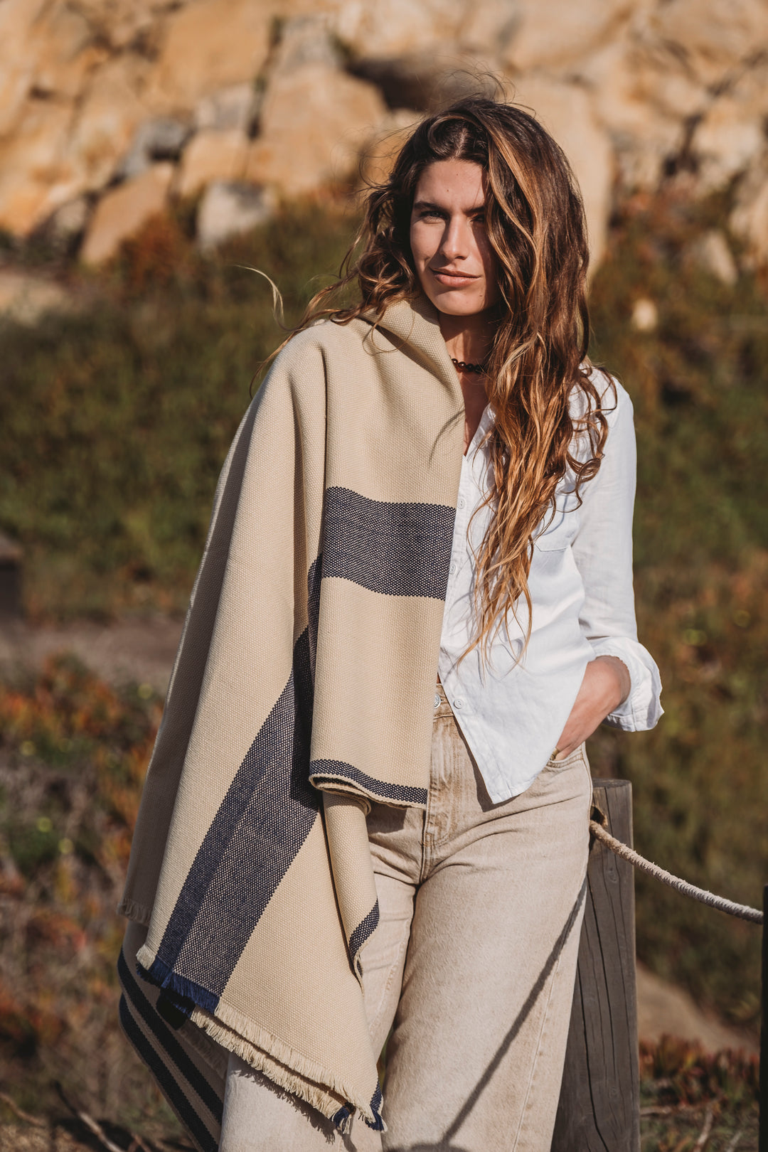 Beige Poncho with Two Stripes