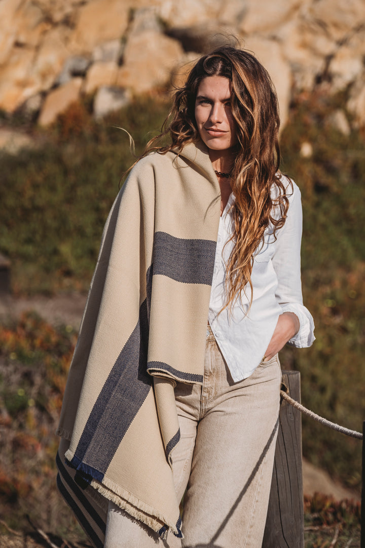 Beige Poncho with Two Stripes
