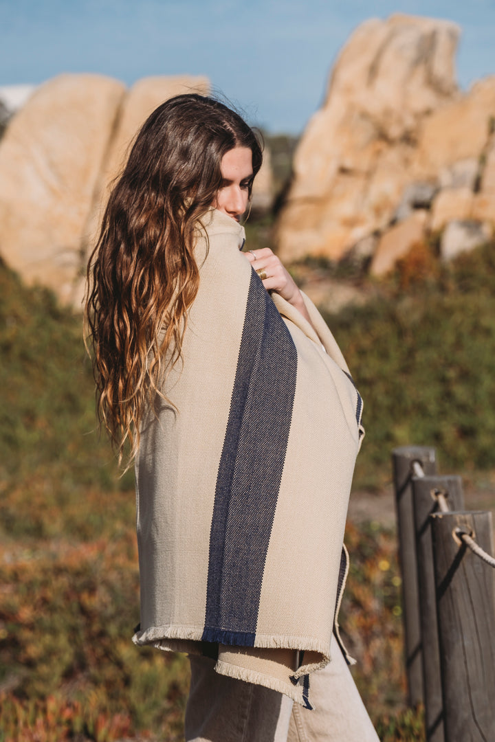 Beige Poncho with Two Stripes