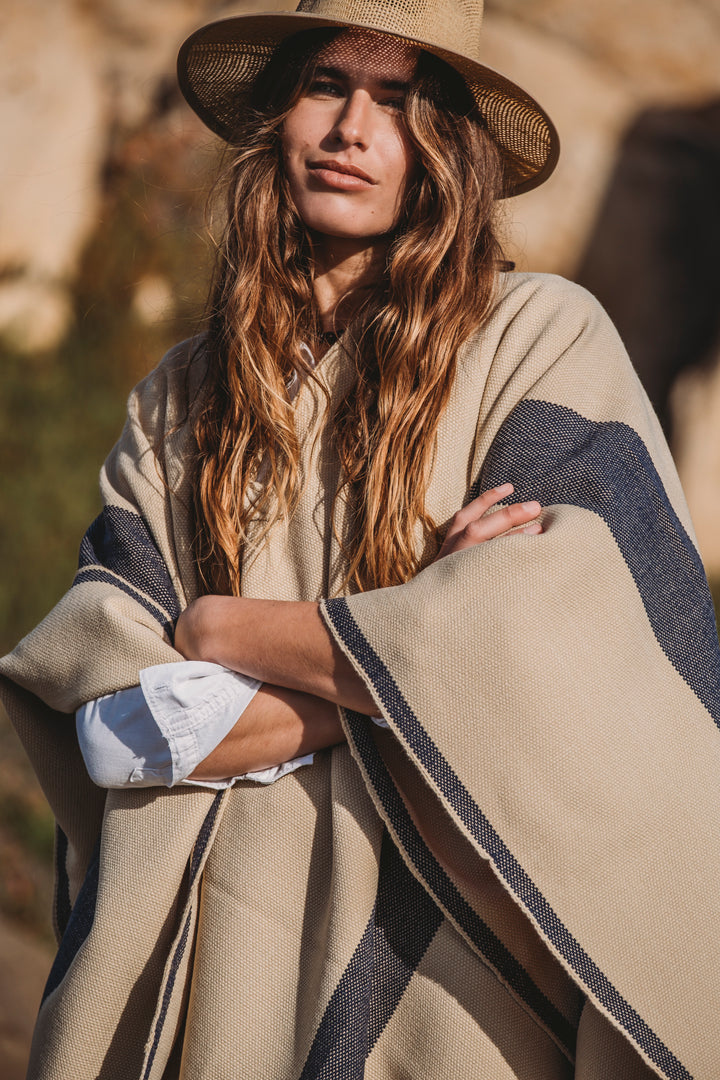 Beige Poncho with Two Stripes