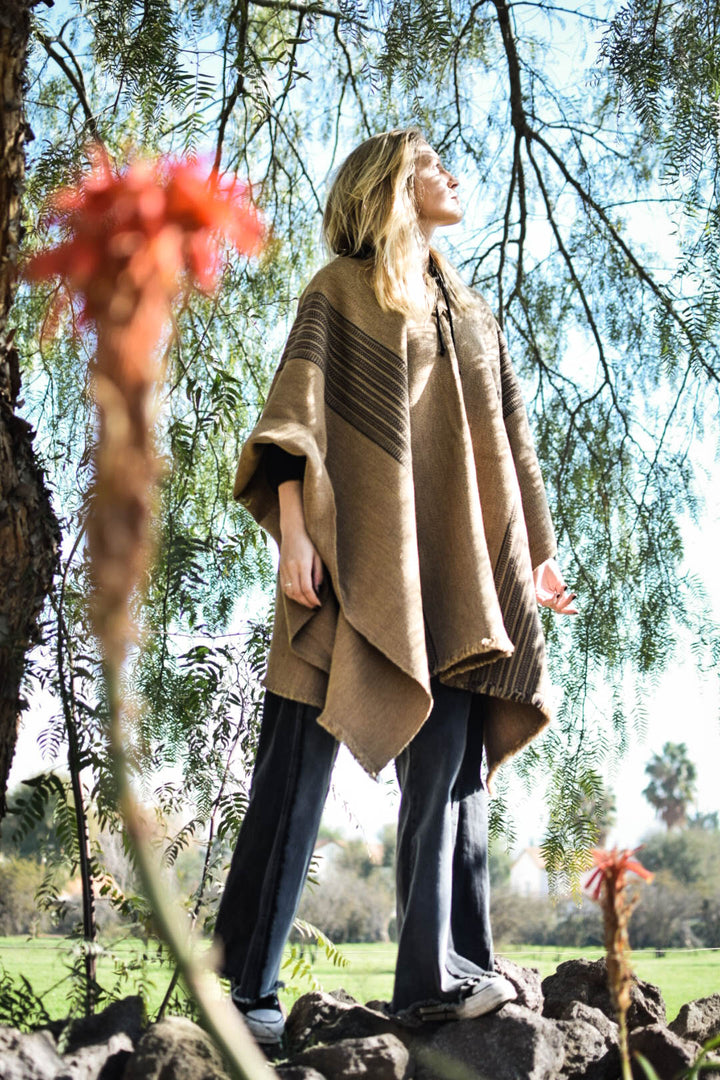 Brown poncho with two stripes